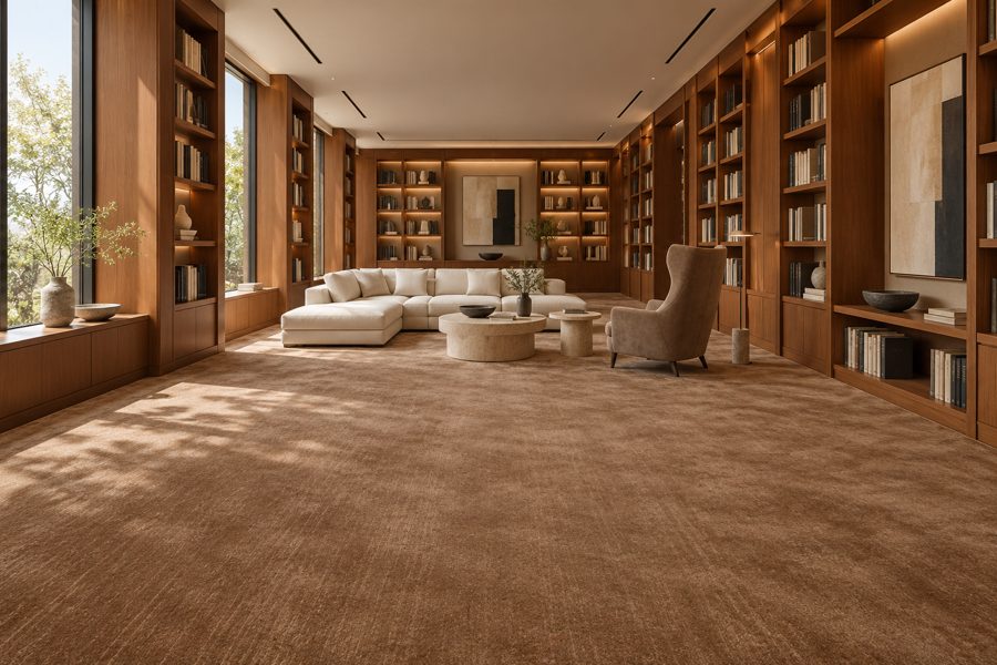 ligea visualisation of a library with a plain tip-sheared carpet in Cognac
