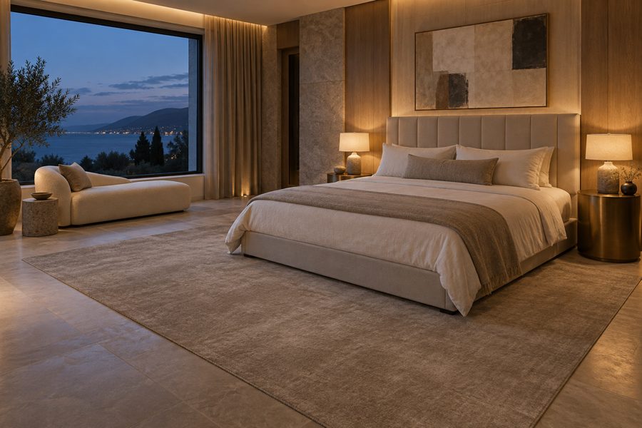 ligea visualisation of a guest room with a plain tip-sheared carpet in Mink
