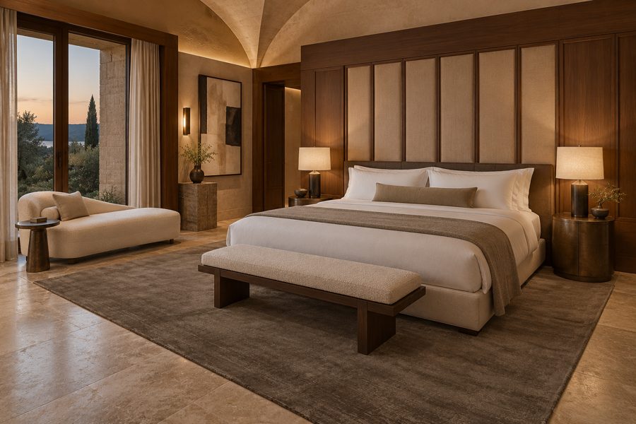 ligea visualisation of a guest room with a plain tip-sheared carpet in Umber
