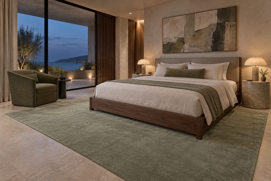 ligea visualisation of a guest room with a plain velvet carpet in Lichen