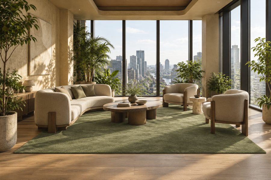 ligea visualisation of a lobby with a plain velvet carpet in Moss