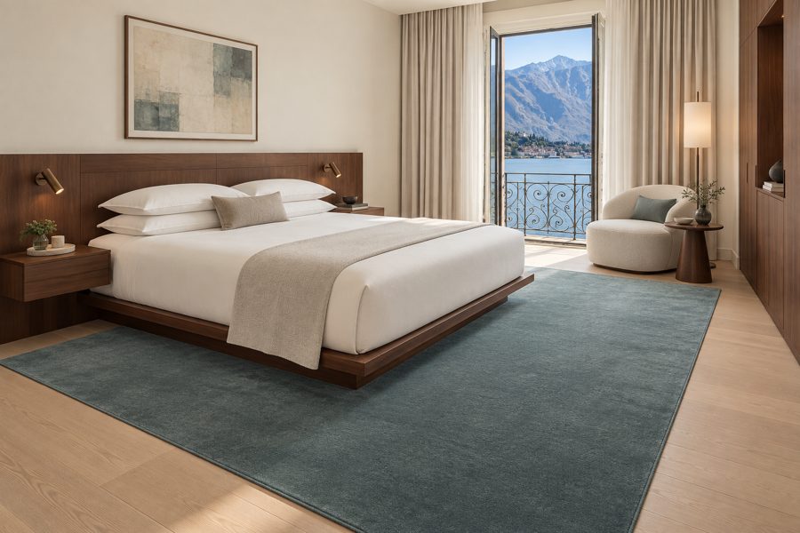 ligea visualisation of a guest room with a plain velvet carpet in Petrol