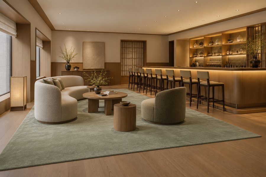 ligea visualisation of a bar with a plain velvet carpet in Sage