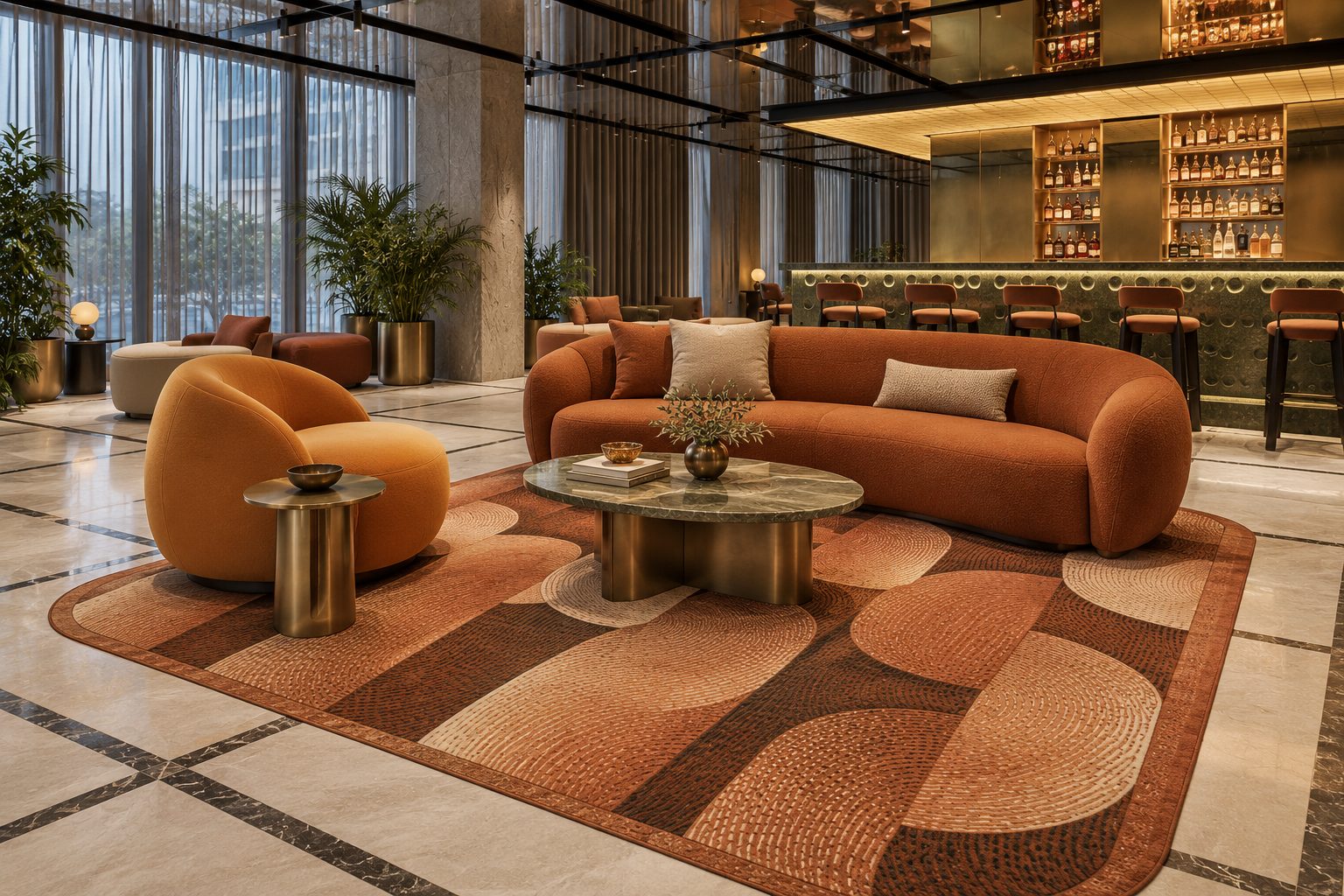 Visualisation of a bar lounge with an organic corners rug, Shackle, The Mural