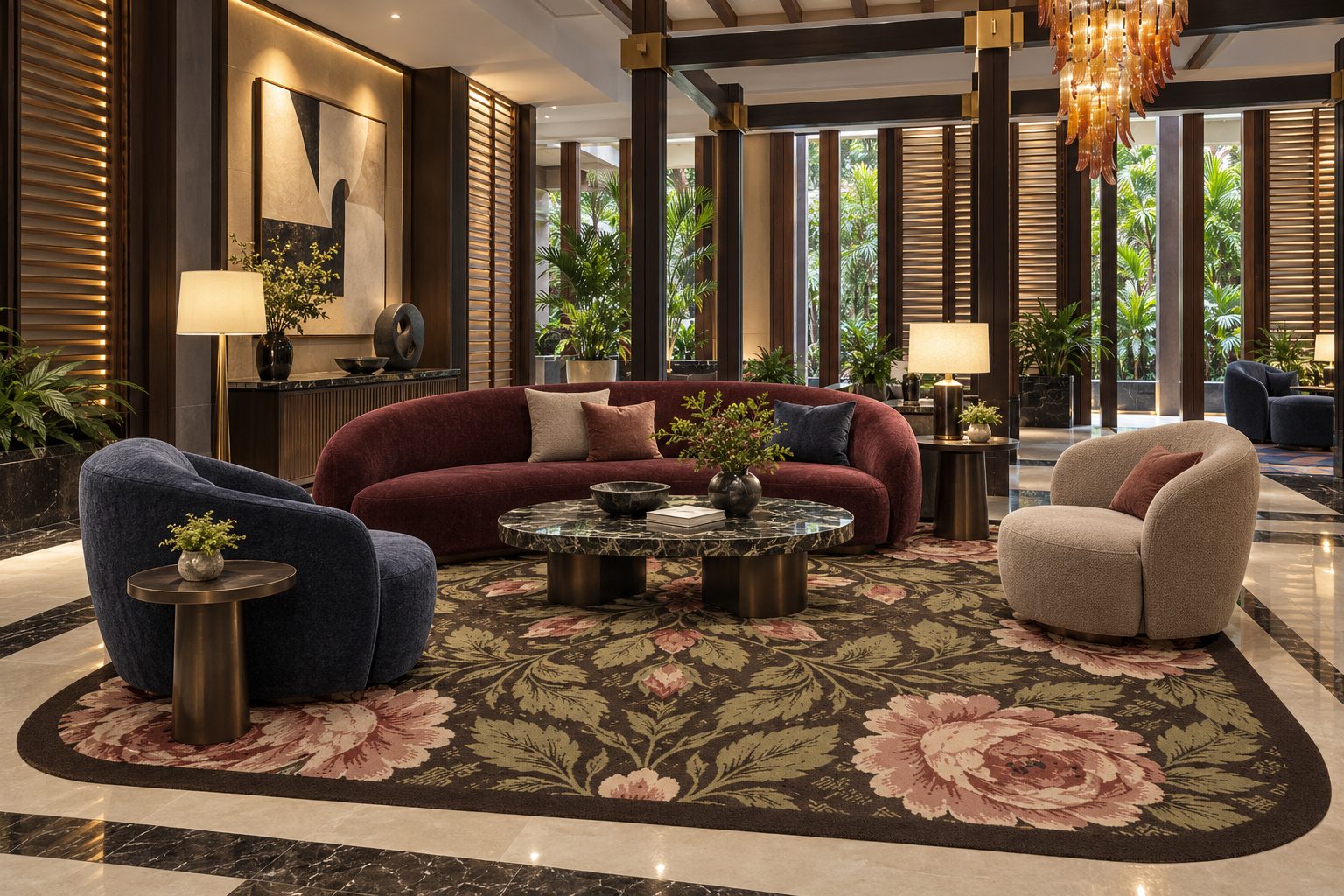 Visualisation of a lounge with an organic corners rug, Garland, The Botanical