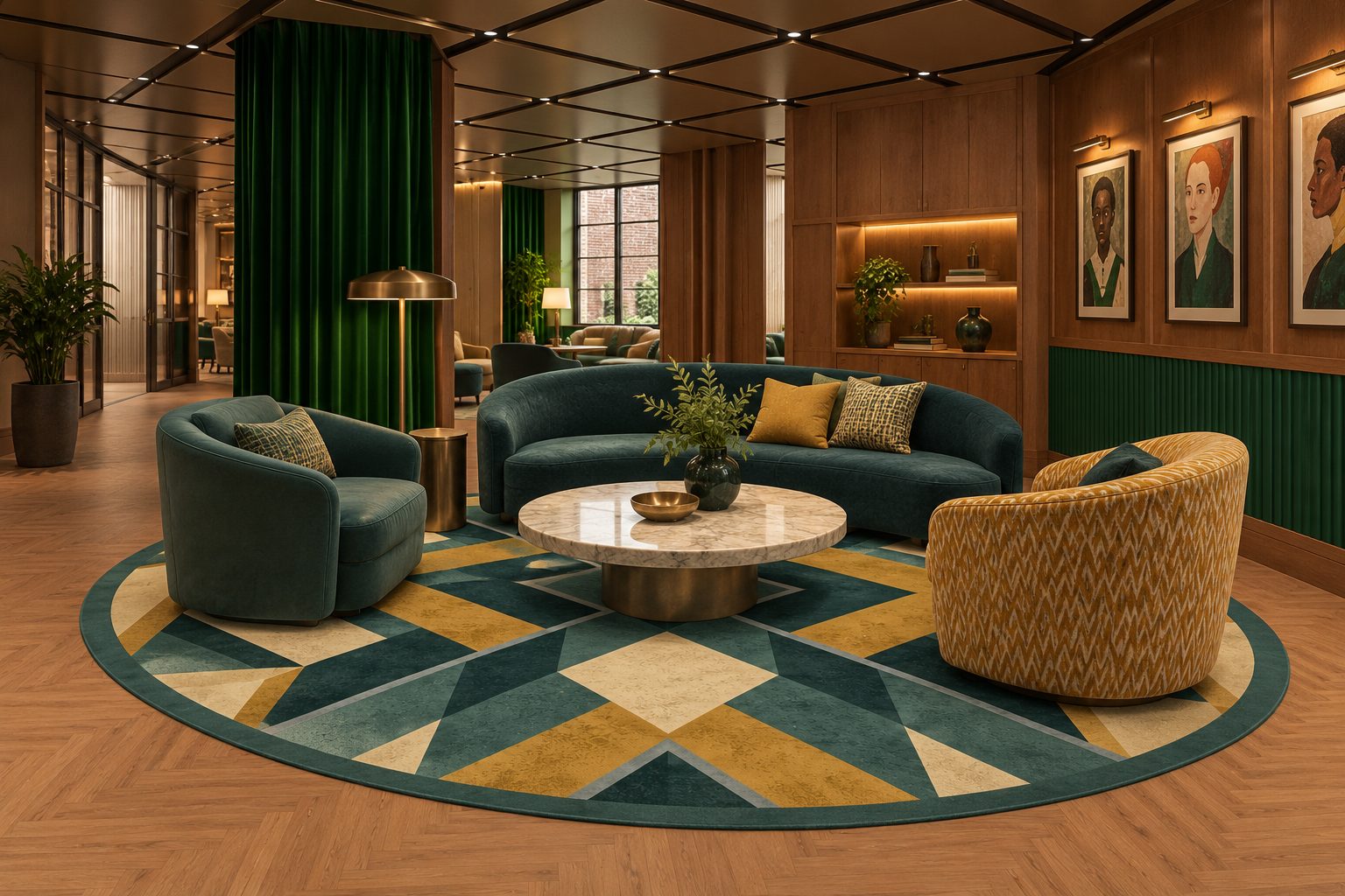 Visualisation of a lounge with an oval rug, Intarsia, The Deco