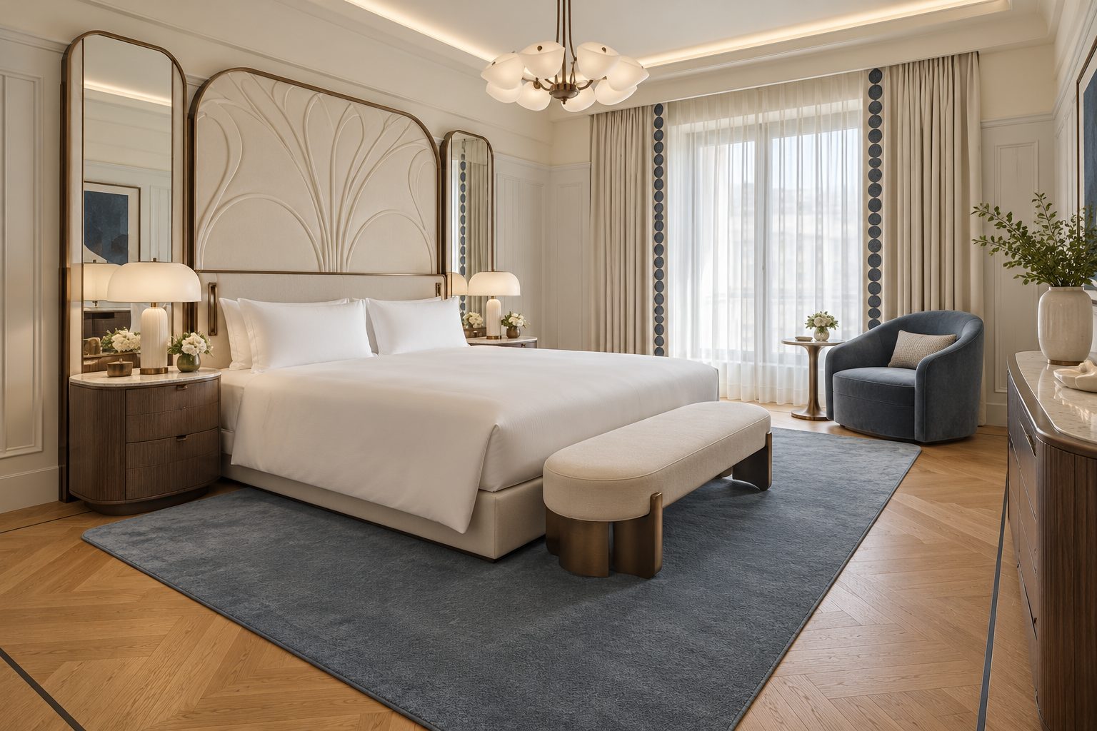 Visualisation of a guest room with a soft corners rug, Plain velvet