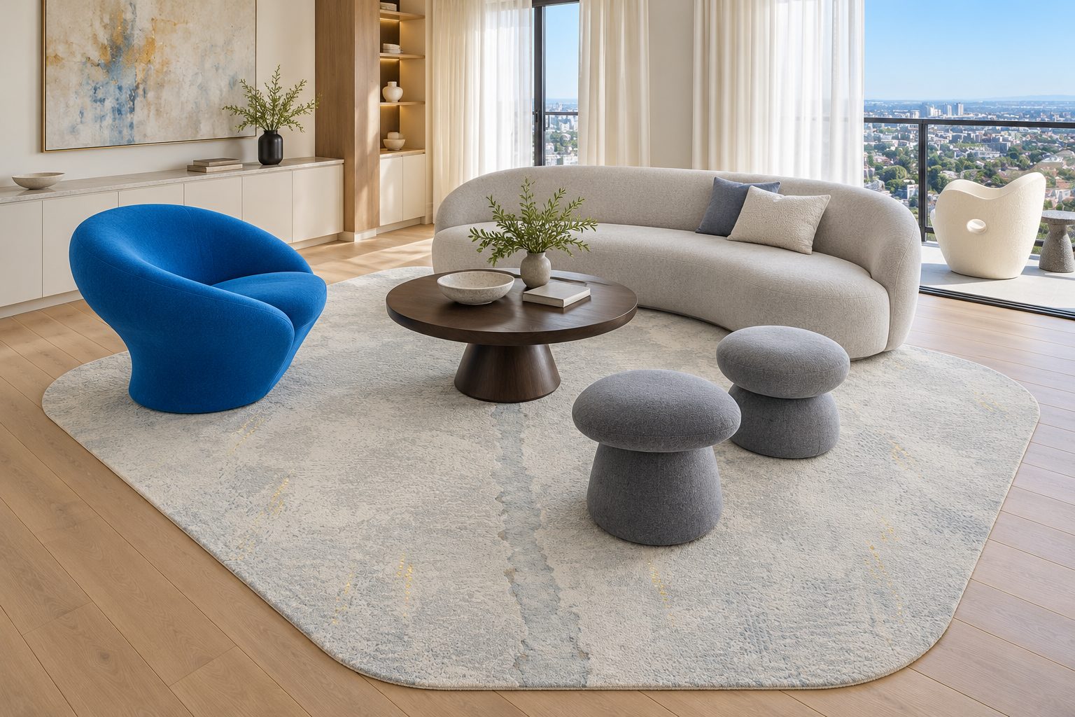 Visualisation of a suite with a standard corners rug, Washi, The Quiet