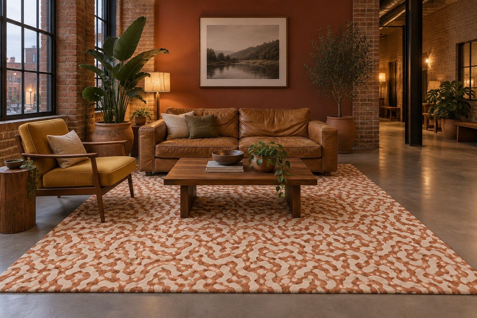 Maze rug by ligea in Terracotta sand, lounge visualisation