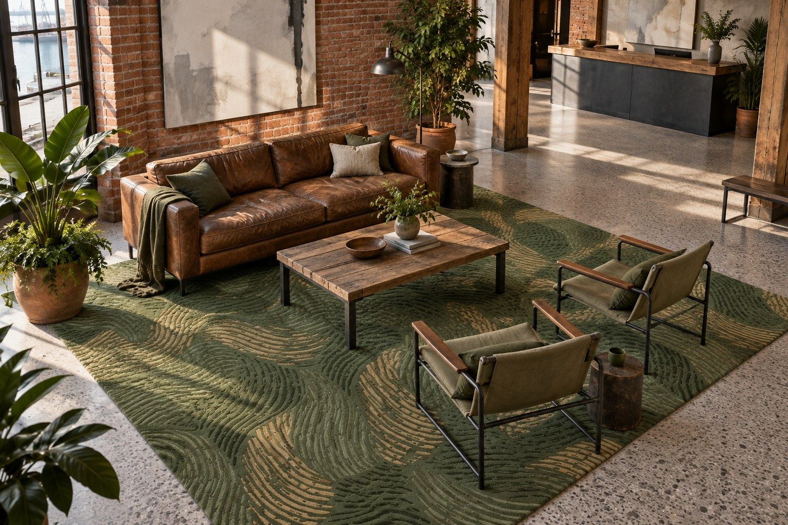 Strand rug by ligea in Olive deep, lounge visualisation