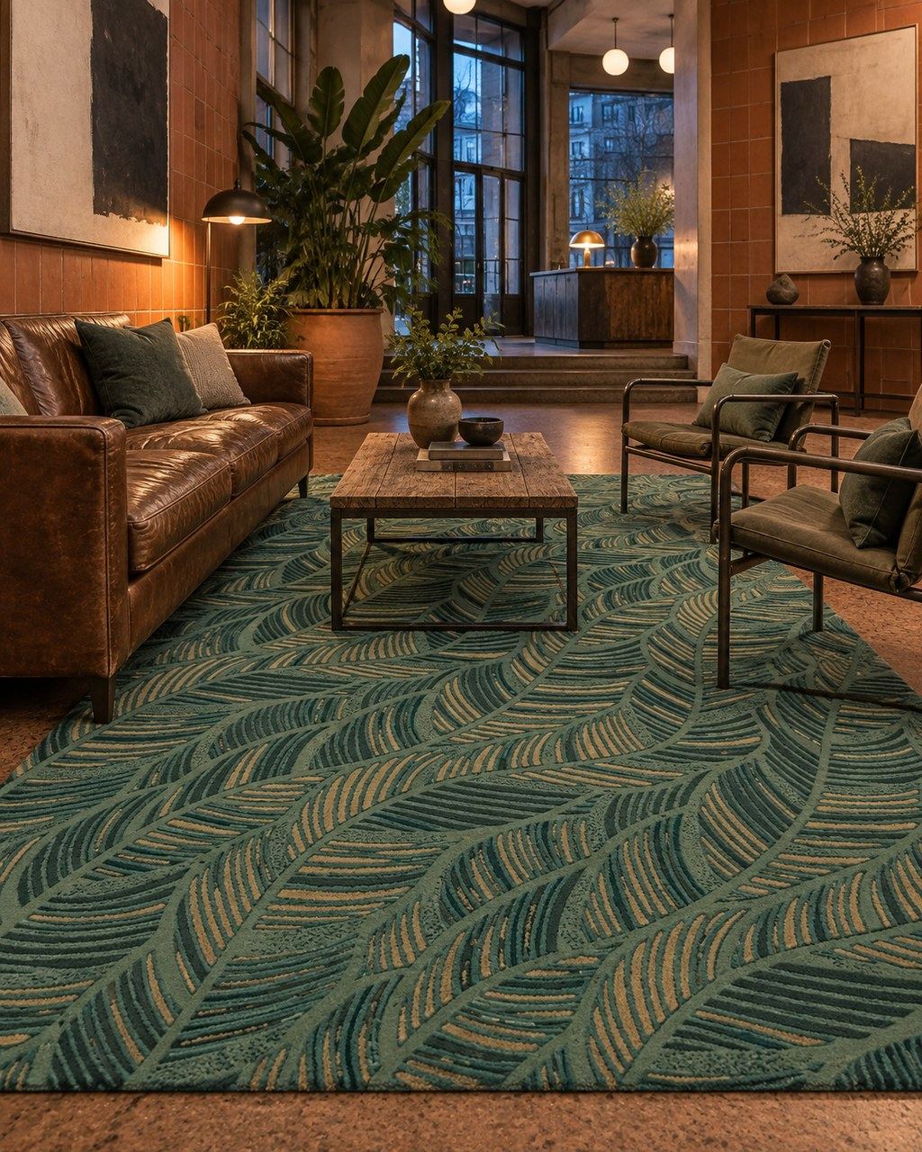 Quill rug by ligea in Bottle green, lounge visualisation