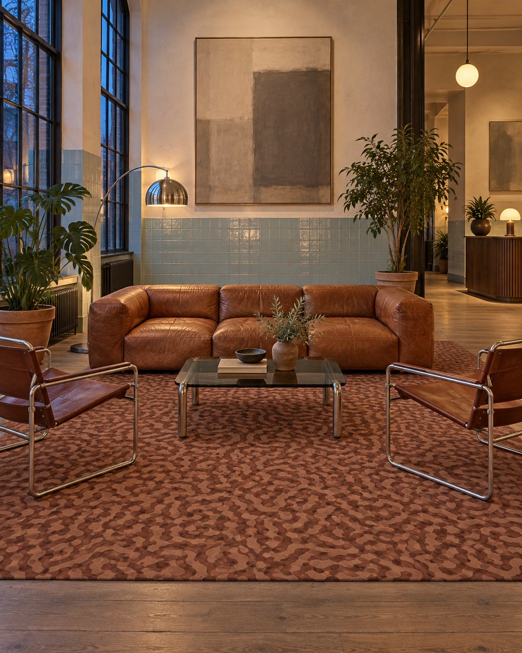 Maze rug by ligea in Brick, lounge visualisation