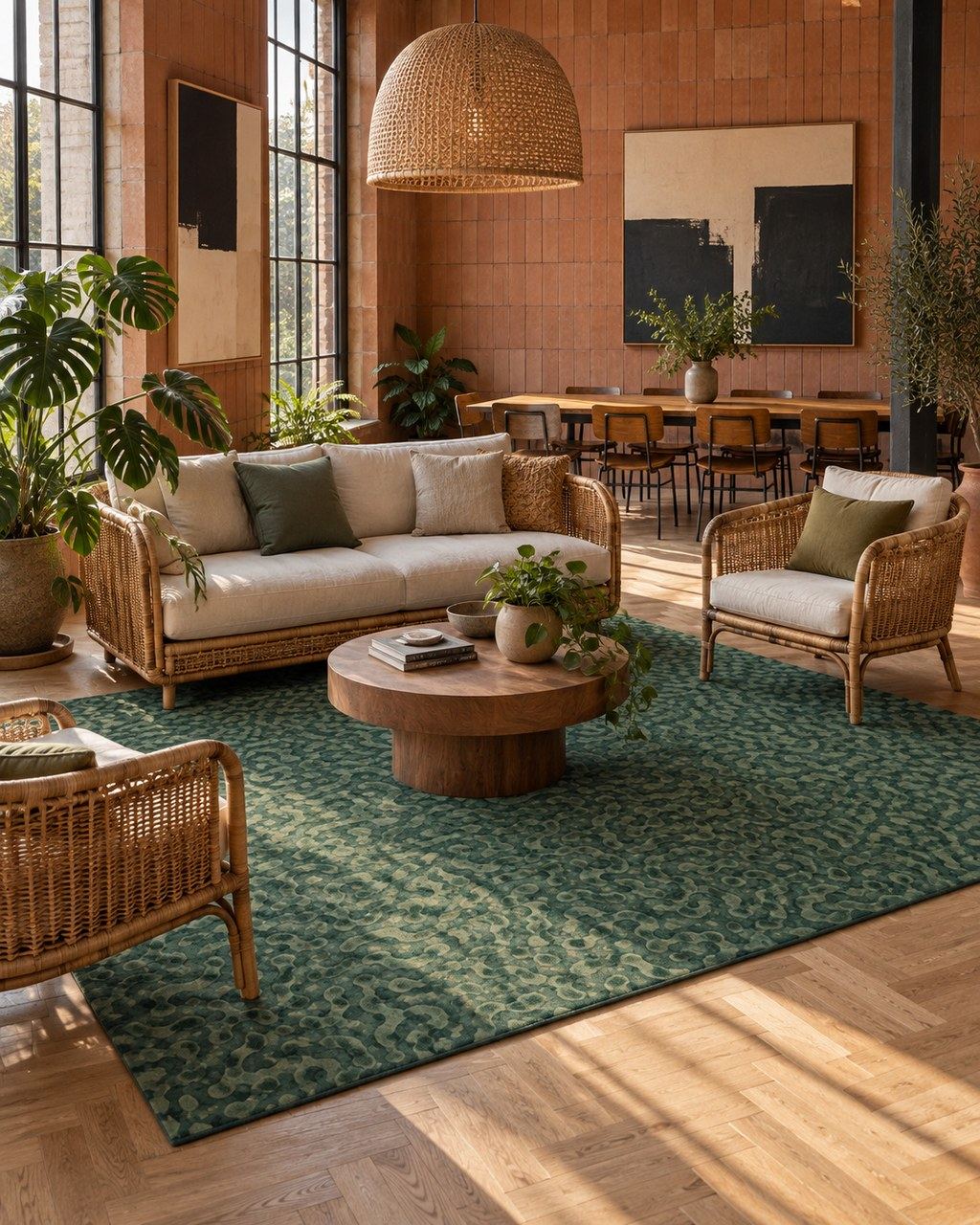 Maze rug by ligea in Bottle green, lounge visualisation