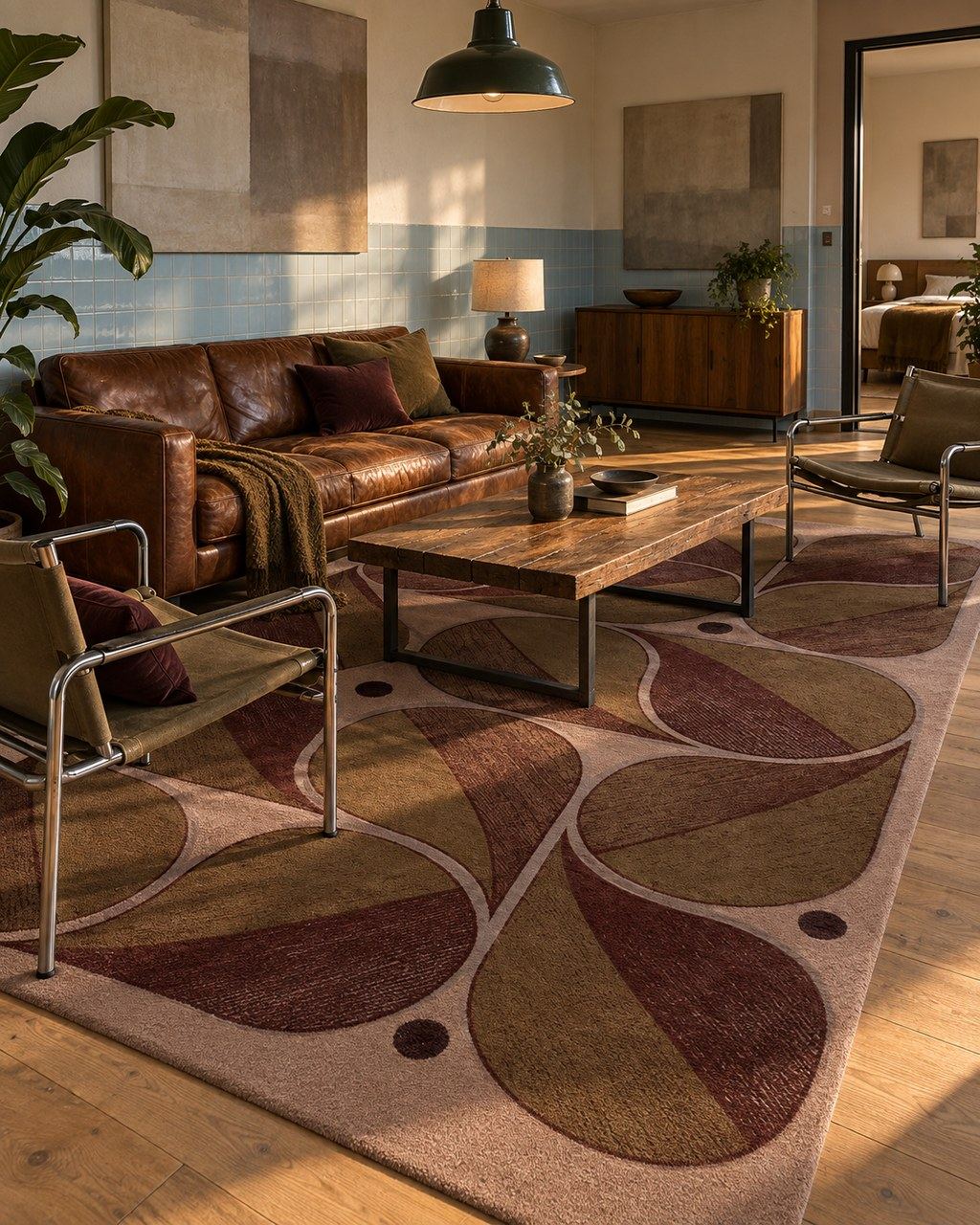 Seedpod rug by ligea in Brick, lounge visualisation