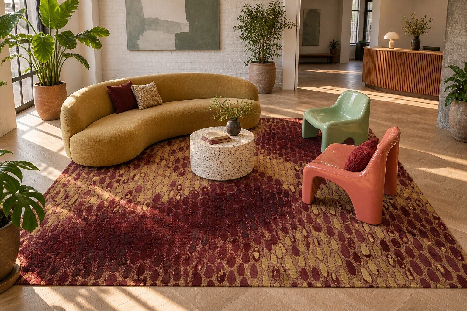 Droplet rug by ligea in Oxblood, lounge visualisation