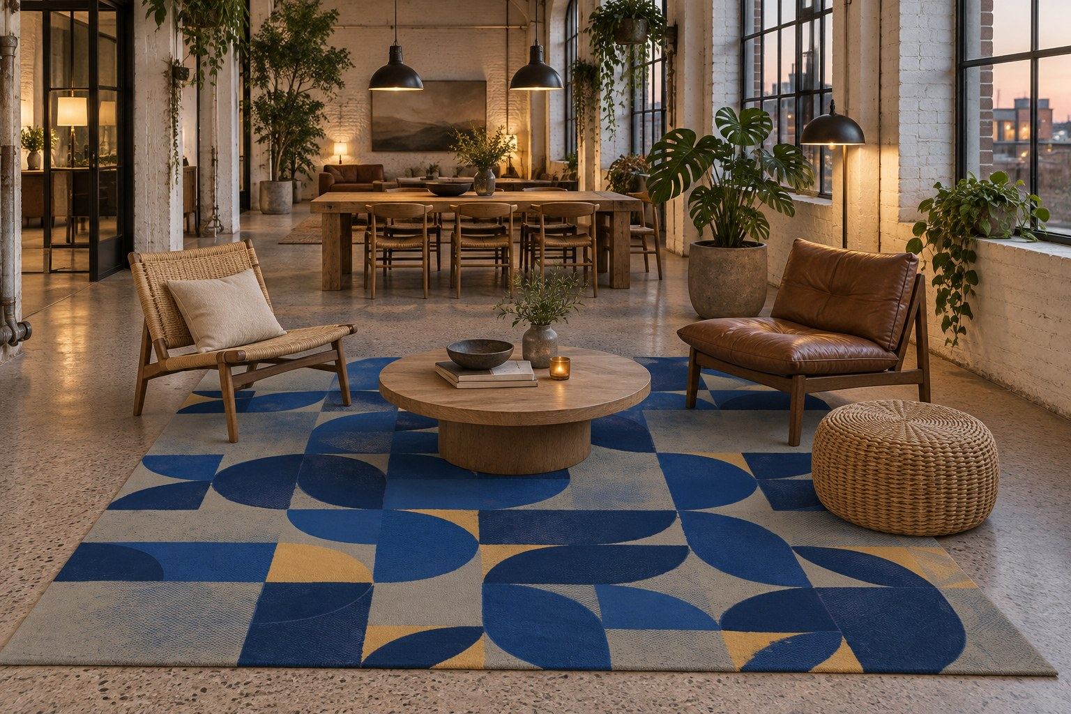 Pivot rug by ligea in Cobalt, lounge visualisation
