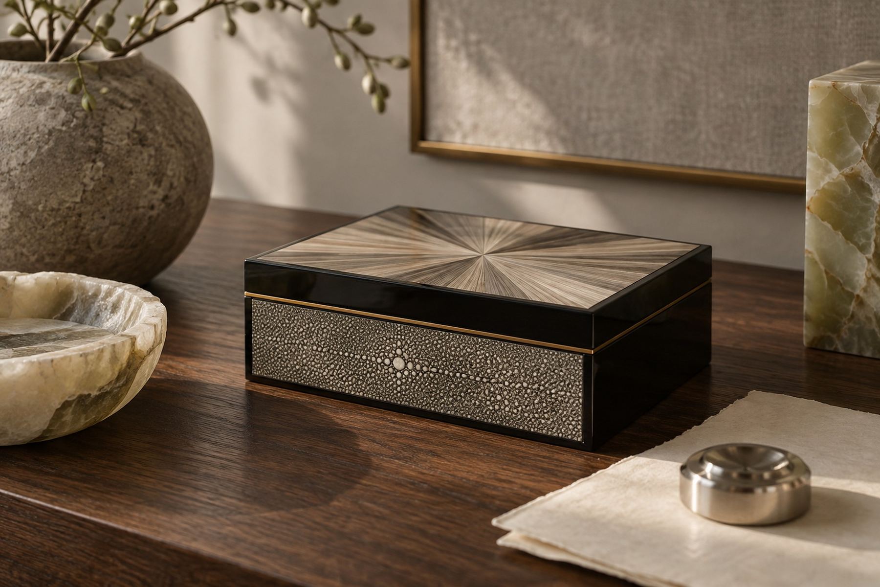 Black lacquer, shagreen, marquetry, parchment