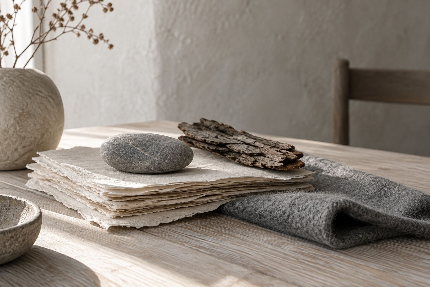 Washi, lime plaster, river stone, worn parquet