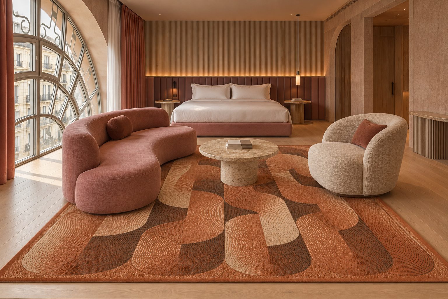 Shackle rug by ligea in Rust & Olive, guest room visualisation