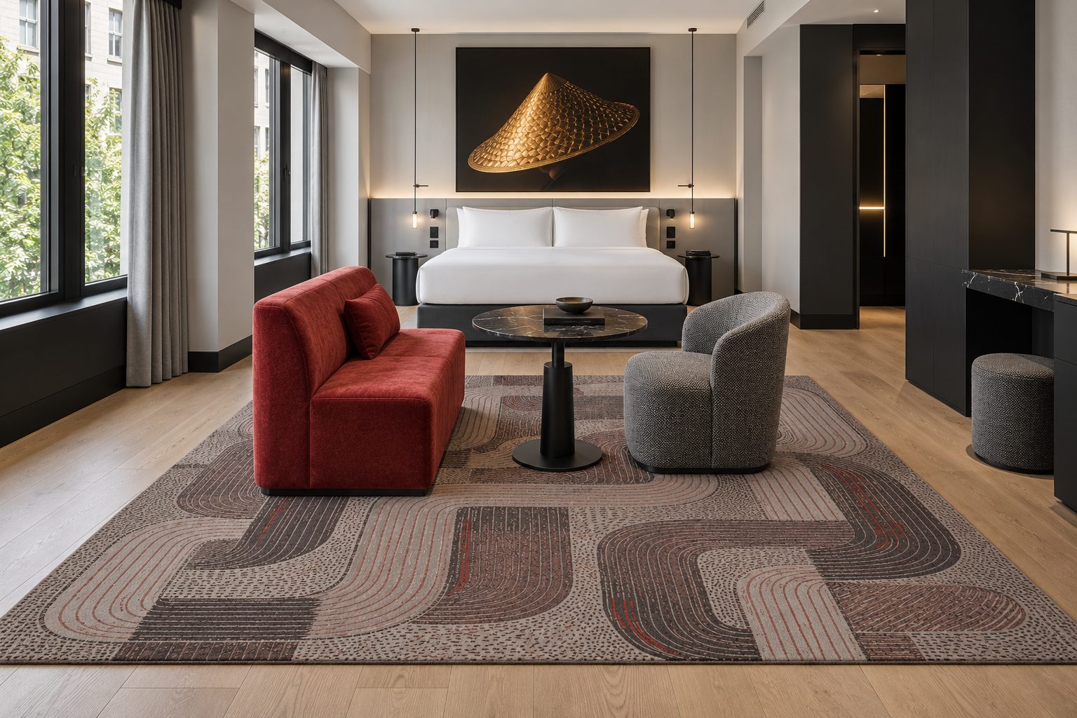 Groove rug by ligea in Ebony & Oxblood, guest room visualisation