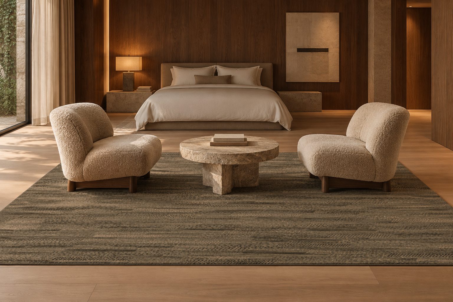 Stitch rug by ligea in Tar, guest room visualisation